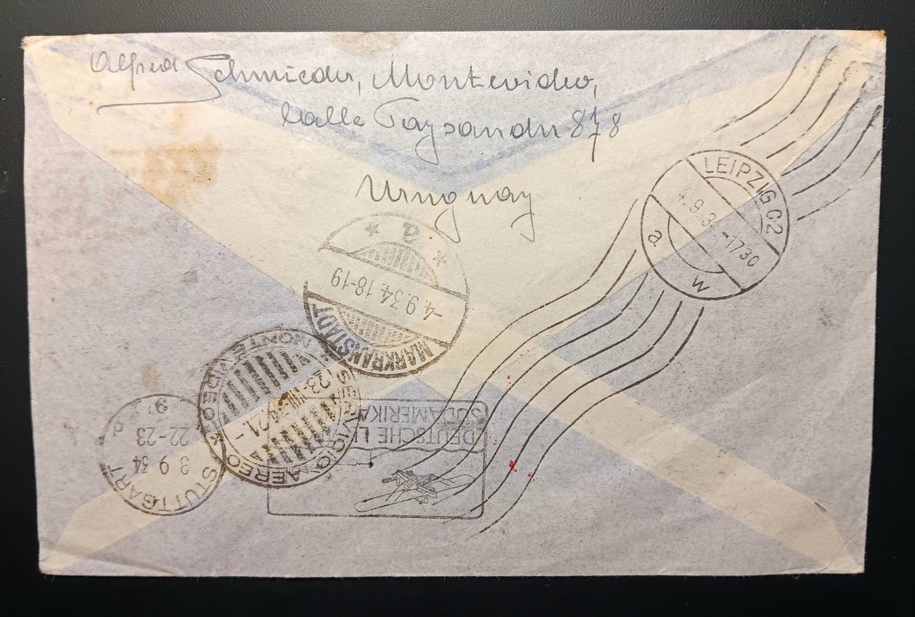 Tutti i francobolli: ZEPPELIN 1934 URUGUAY Bf Montevideo - Markranstädt/Leipzig – Usato da Holderbank AG venduto da DINOS-PHILA 1