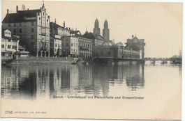 ZÜRICH Limmatquai mit Fleischhalle und Grossmünster - Tram