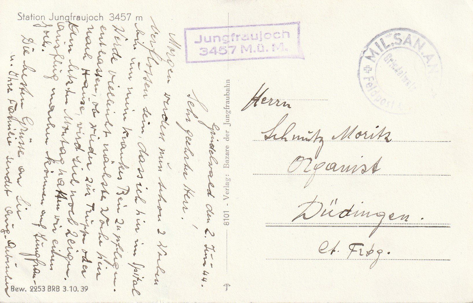 Cartoline postali: AK - Jungfraujoch - gel. 2.6.1944 – Usato da Fribourg venduto da schnalla92 1