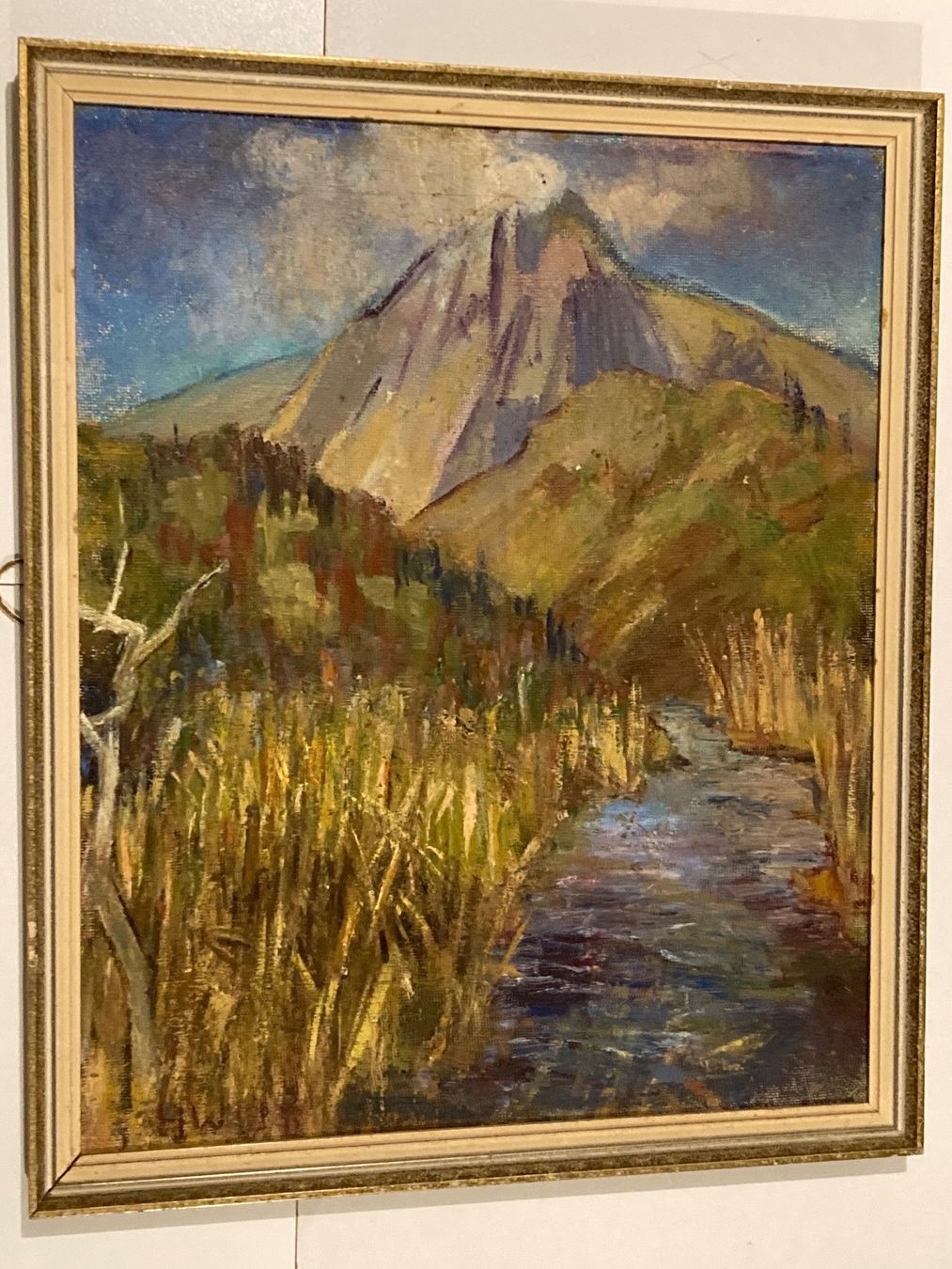 Dipinti: H.W. Landschaftsgemälde monogrammiert mit Berge, Bach, Wiese – Usato da Hirzel venduto da pjn_d7xp