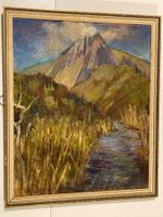 H.W. Landschaftsgemälde monogrammiert mit Berge, Bach, Wiese