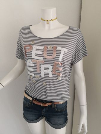 🤩MANGO T-SHIRT GRAU-WEISS GESTREIFT & PAILLETTEN NEU &D&G P