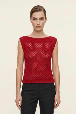 Vintage Haut Crochet Rouge Sans Manches T. M