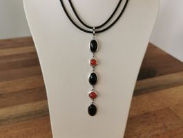 Silber Collier mit Onix und Carneol Cabochon