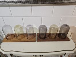 6 Deko Glasglocken mit Holzbrett