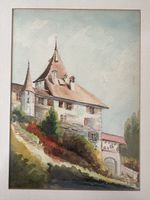 Original Aquarell Schloss Villa gerahmt Vintage