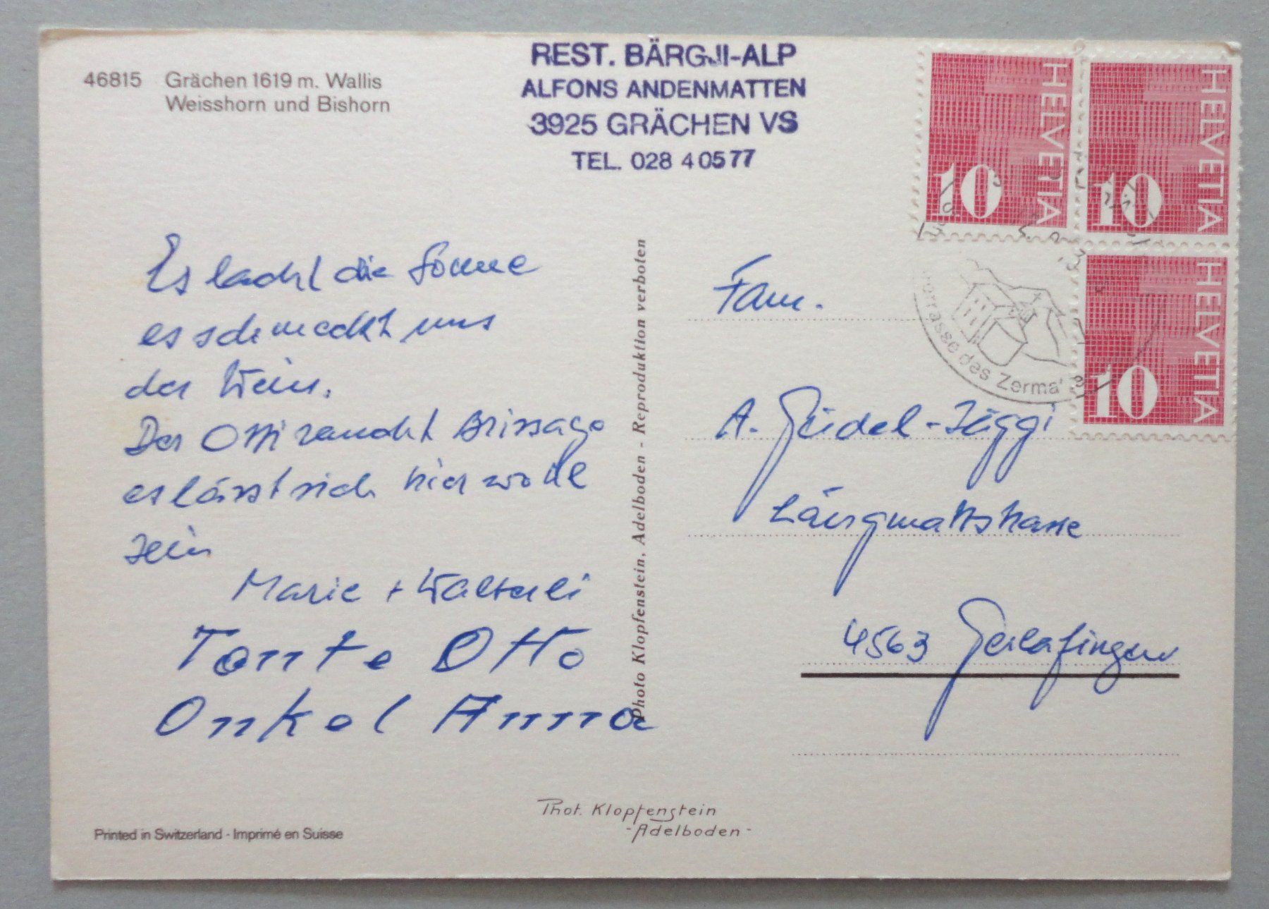 Cartoline postali: Grächen 1619 m, Wallis – Usato da Fétigny venduto da Billy2miny 1