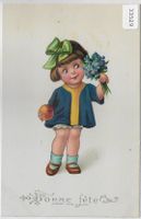 Bonne fete - Kleines Mädchen mit Blumenstrauss - Litho