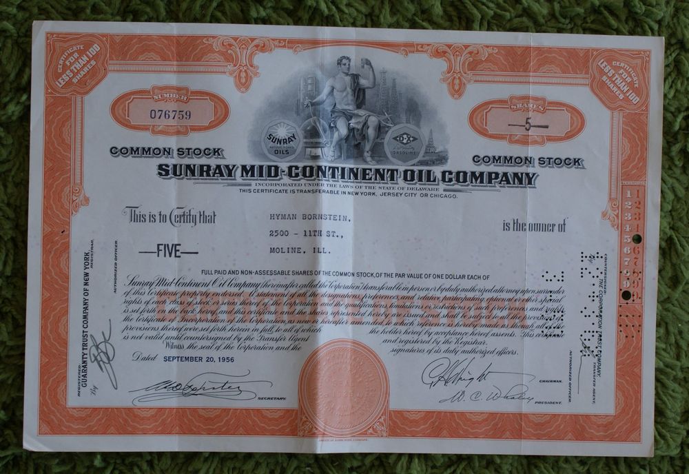 Aktie, Common Stock, Sunray Mid-Continent Oil Company, 1956 | Kaufen ...