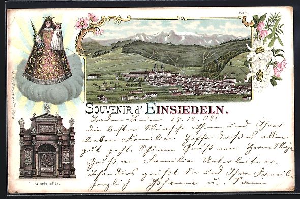 Cartoline postali: Litho Einsiedeln, Gnadenaltar, Ortsansic – Usato da Berlin venduto da bartko-reher