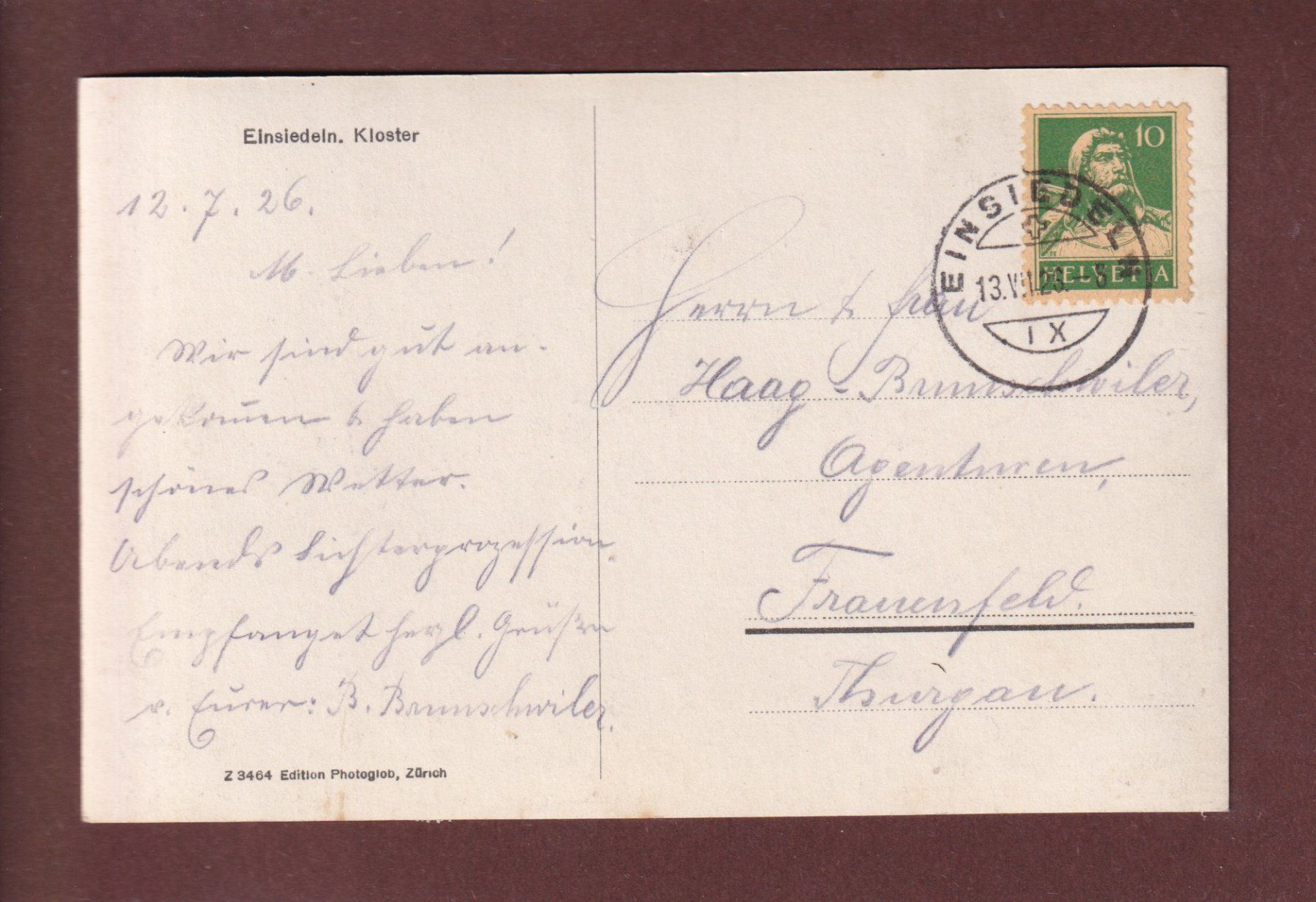 Ansichtskarten: EINSIEDELN - Kloster - 1926 – Gebraucht aus Pully von nicecards-shop 1