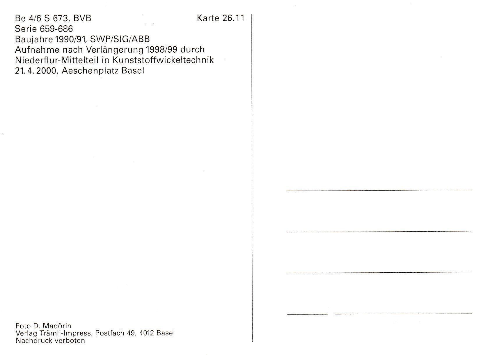 Cartoline postali: Strassenbahn Basel BVB Be 4/6 673 – Usato da Ettingen venduto da Pantograph163 1