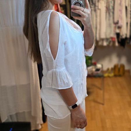Boho Bluse Weiß 38/40 Stickerei Cut-Out Sommer Tunika