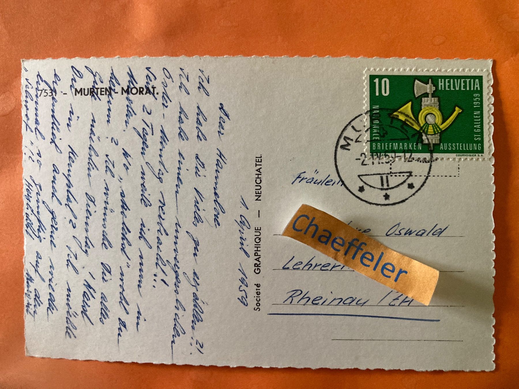 Cartoline postali: 1959 Murten - Morat.  7531 – Usato da Zürich venduto da Chaeffeler 1