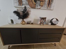 Sideboard dunkelgrau/helles Holz furniert 3 Schubladen neu