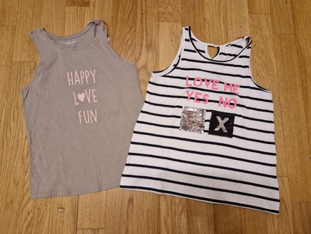 2 débardeurs fille, rayé et imprimé, taille 134