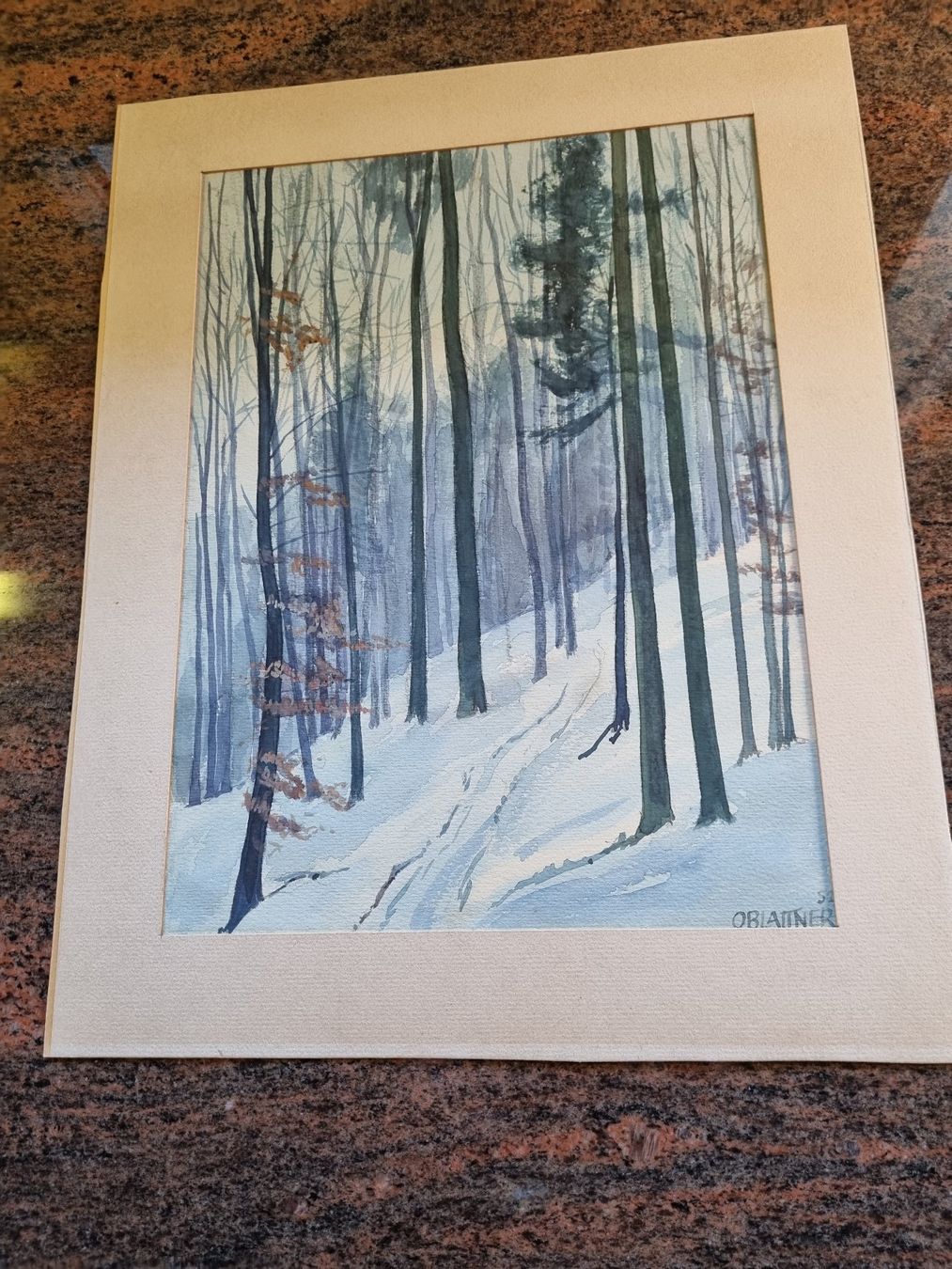 Gemälde: Winterliches Aquarell: Verschneiter Wald, O.Blattner 52 – Gebraucht aus Trachslau von post35