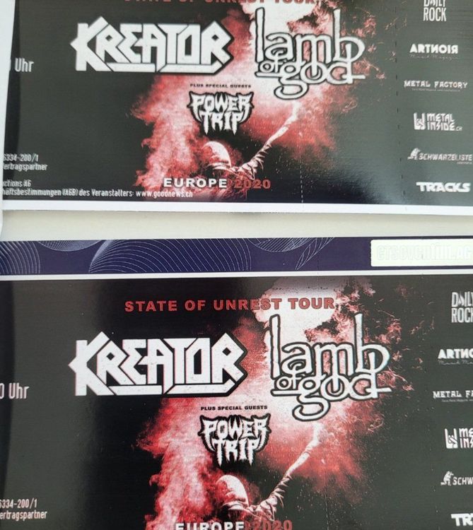 Kreator & Lamb of God 2 x Tickets Kaufen auf Ricardo