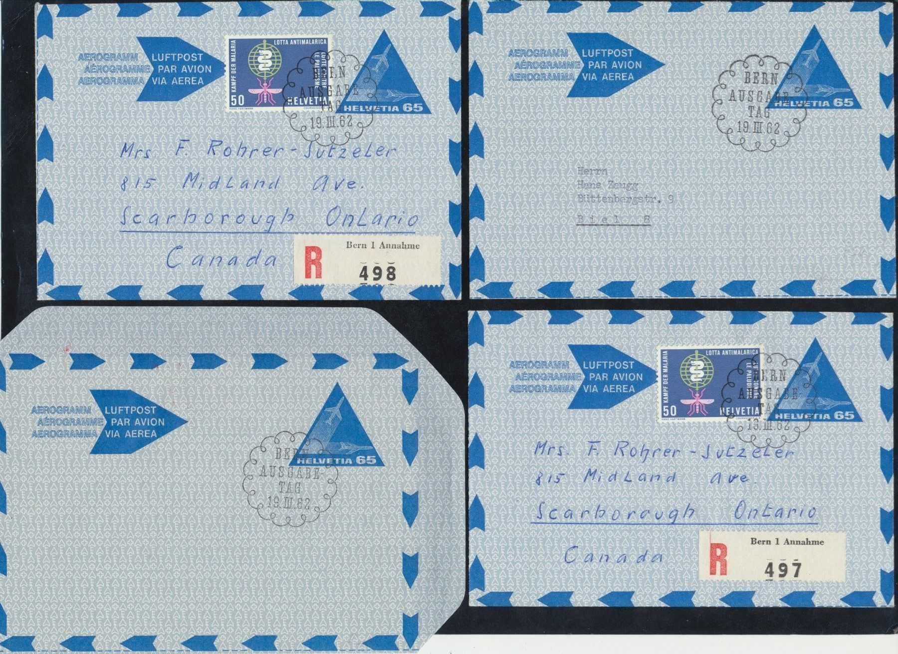 Tutti i francobolli: 1962  6 Stk. Aerogramme FDC – Usato da Schnottwil venduto da Chasarmar