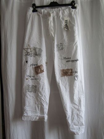 Gr. 48/60, Stretch-Hose in Weiss, aufwändig bedruckt
