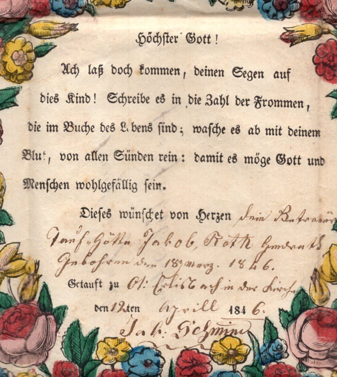 Dokumente: Obererlinsbach   Tauf - Zettel   1846 – Gebraucht aus Aarau von kufi44 1