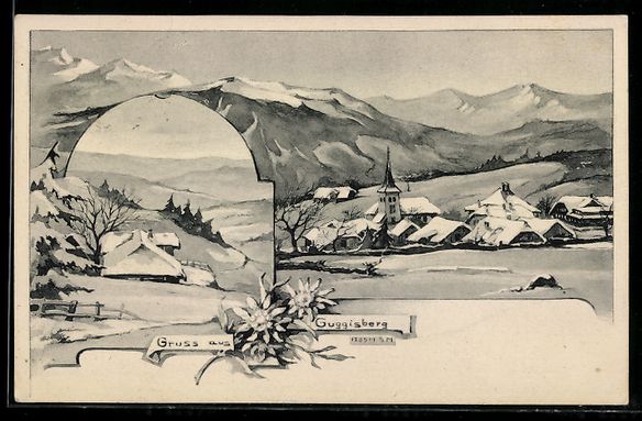 Ansichtskarten: Litho Guggisberg, Ortsansicht mit Kirche – Gebraucht aus Berlin von bartko-reher