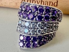 Silber Ring 925 -  Zirkonia 3-reihig Vintage Statement 11g