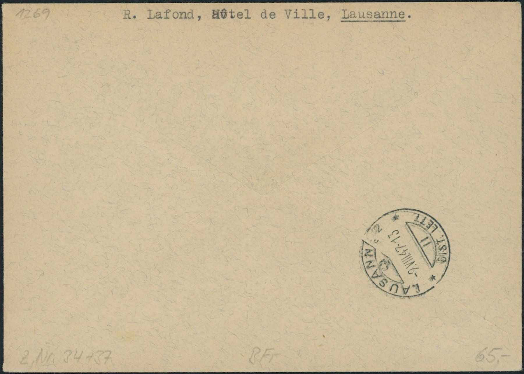Tutti i francobolli: 1947 - Pro Patria - Brief - BFr – Usato da Schindellegi venduto da stationary 1