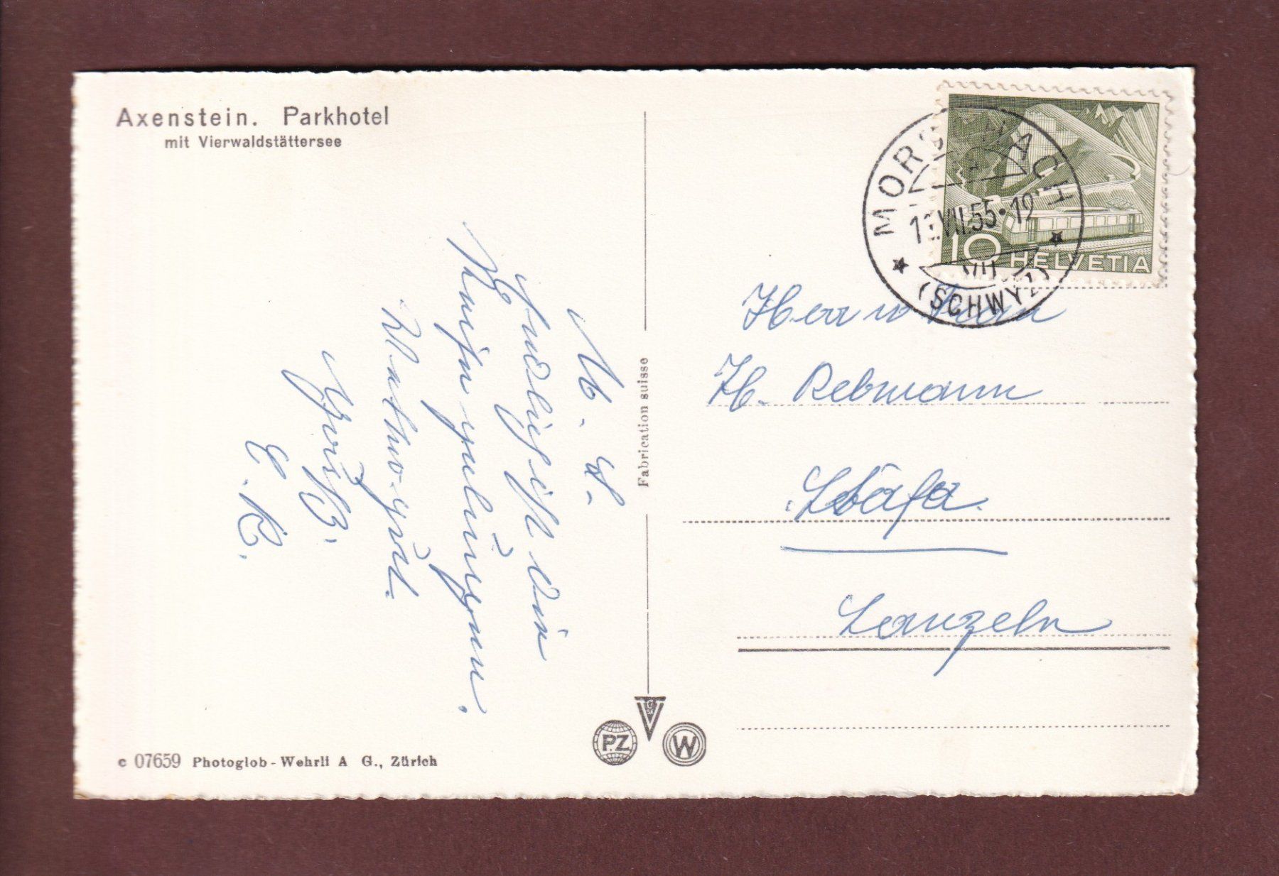 Cartoline postali: AXENSTEIN - Parkhotel - 1955 – Usato da Pully venduto da nicecards 1
