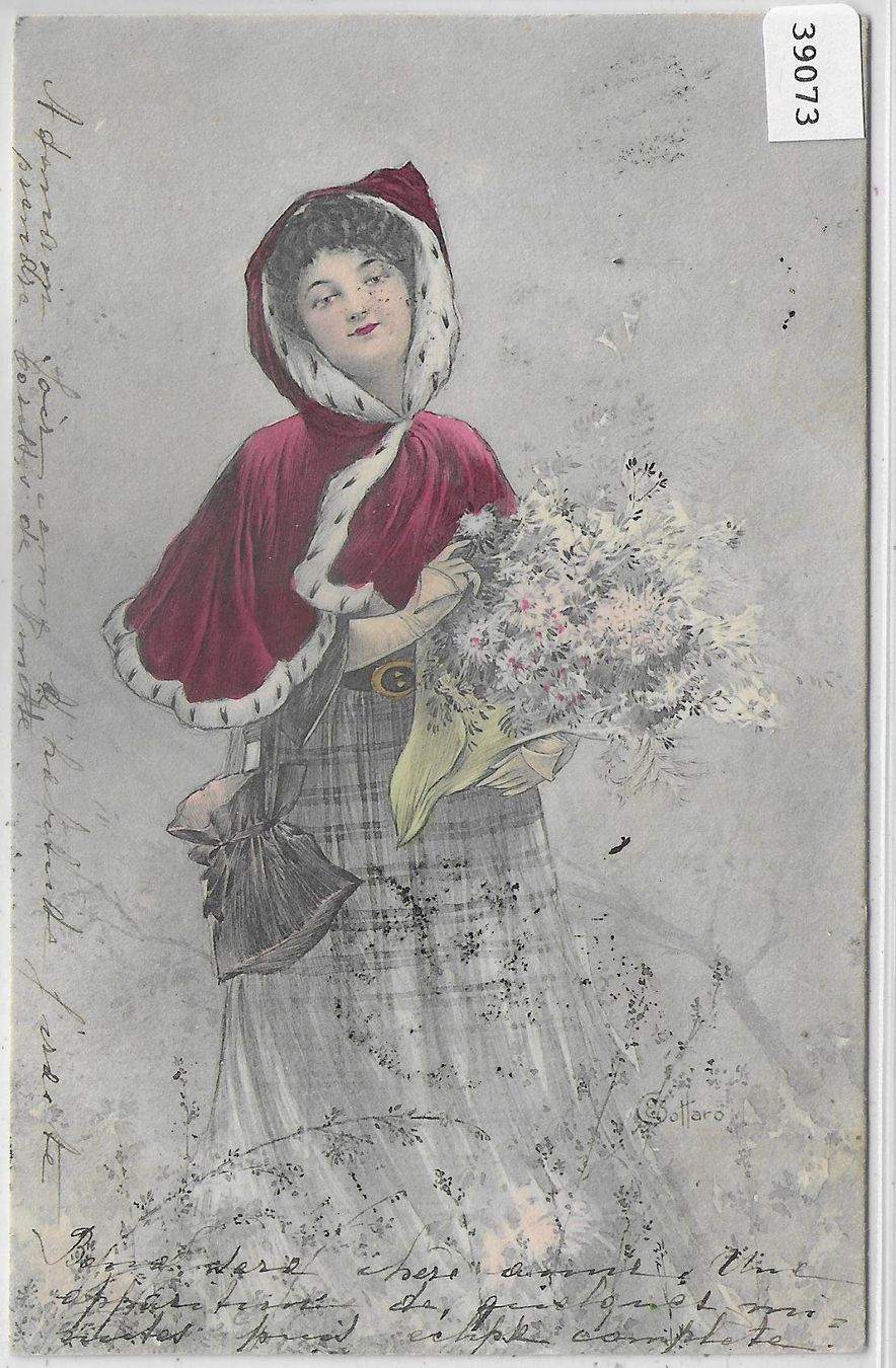 Cartoline postali: Junge Frau mit Blumenstrauss im Winter – Usato da Ettingen venduto da Kartenplanet