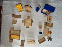 Meubles pour maison de poupée en bois jaune et bleu