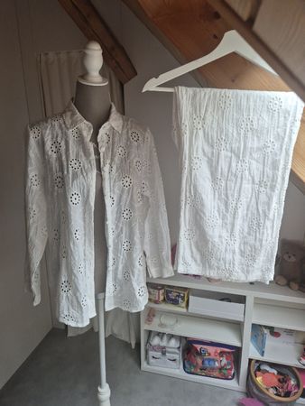 Damen Set Bluse und Hose weiss Lochstickerei Baumwolle 