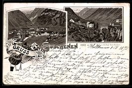 Lithographie Göschenen, Teilansicht mit Brücke, Panorama