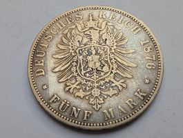 🇩🇪 Prussia 5 Mark 1876 A Silver - VF rarer condition