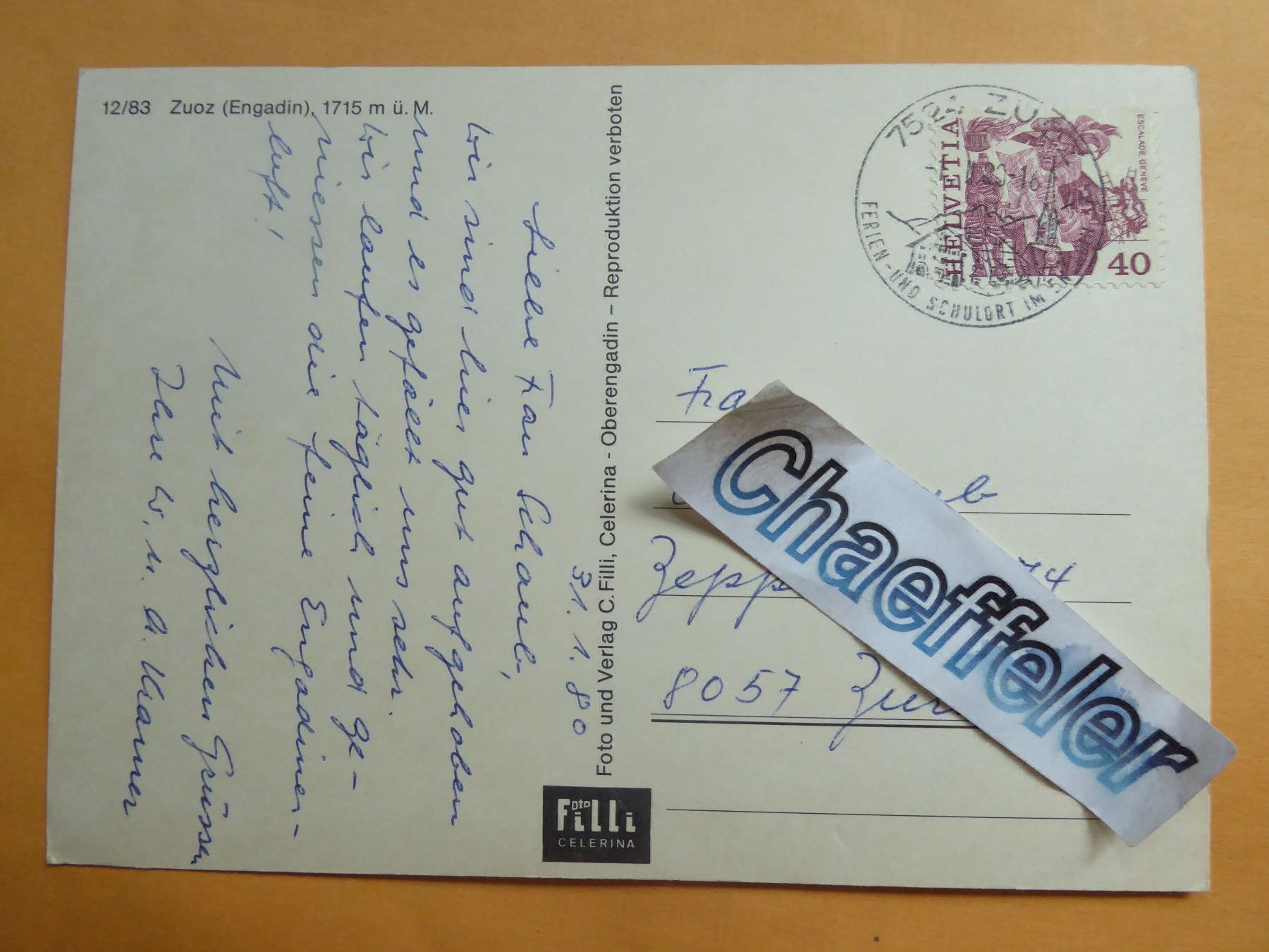 Ansichtskarten: 1980  12/83 Zuoz Engadin – Gebraucht aus Zürich von Chaeffeler 1