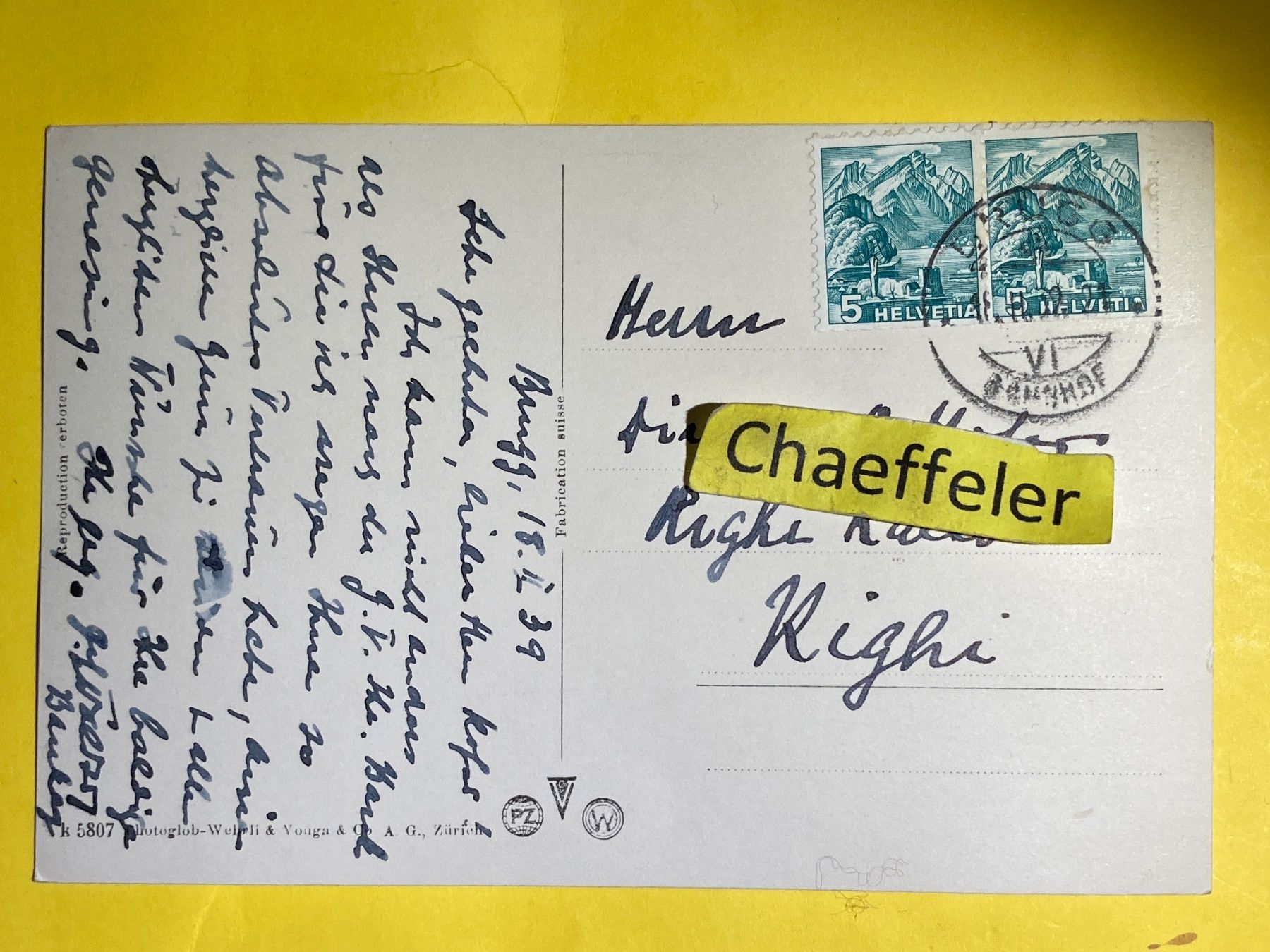 Cartoline postali: 1939 Brugg – Usato da Zürich venduto da Chaeffeler 1