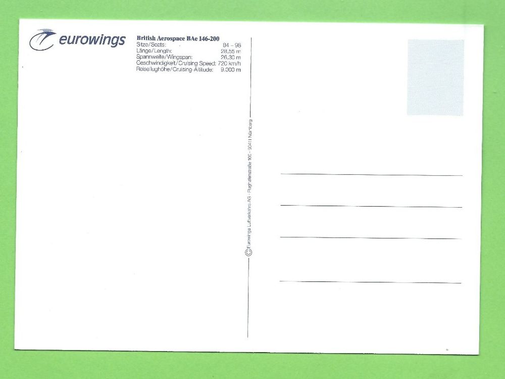 Cartoline postali: Eurowings Postkarte British Aerospace BAe 146-200 – Usato da Zürich venduto da t24_de 1