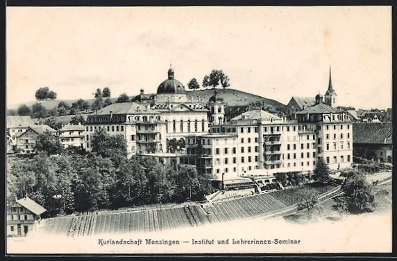 Cartoline postali: Menzingen, Blick auf Institut und Lehrer – Usato da Berlin venduto da bartko-reher