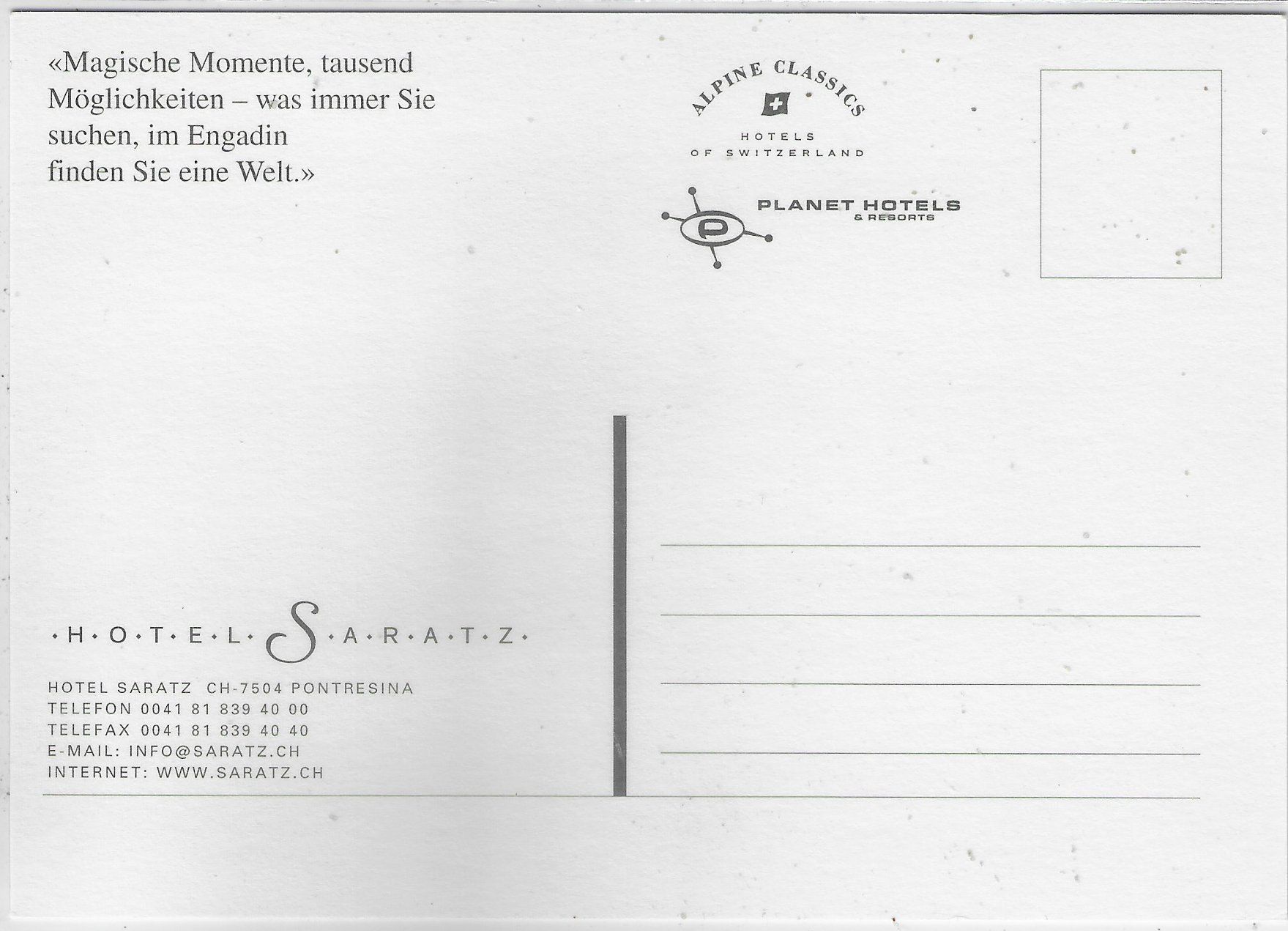 Cartoline postali: Hotel Saratz - Pontresina – Usato da Ettingen venduto da Kartenplanet 1