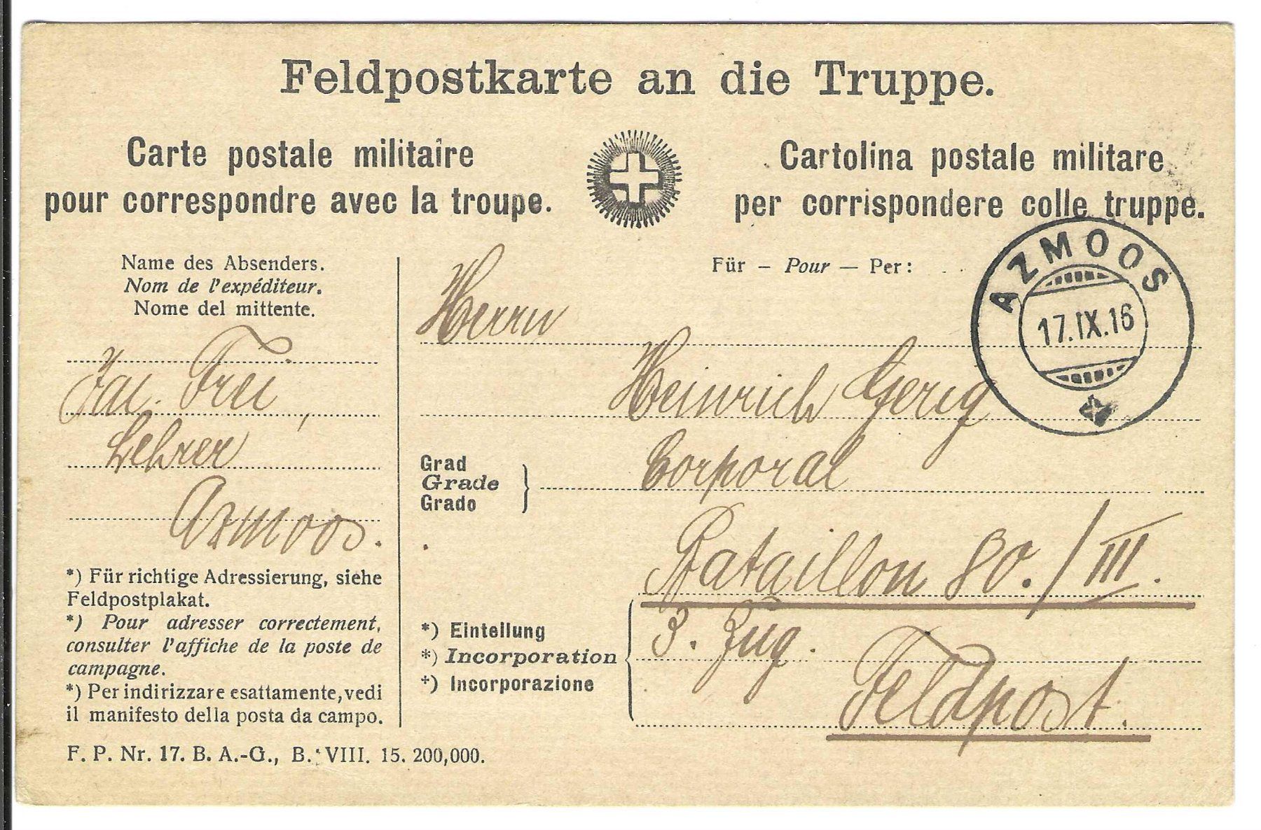Tutti i francobolli: Feldpostkarte gest. Azmoos 1916 – Usato da Wildhaus venduto da Brunphil