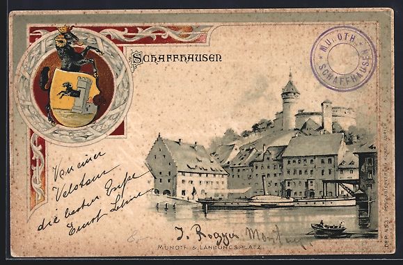 Ansichtskarten: Litho Schaffhausen, Uferpartie mit Burg, – Gebraucht aus Berlin von bartko-reher