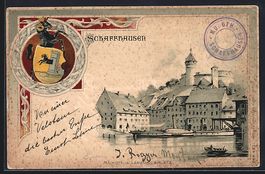 Litho Schaffhausen, Uferpartie mit Burg,