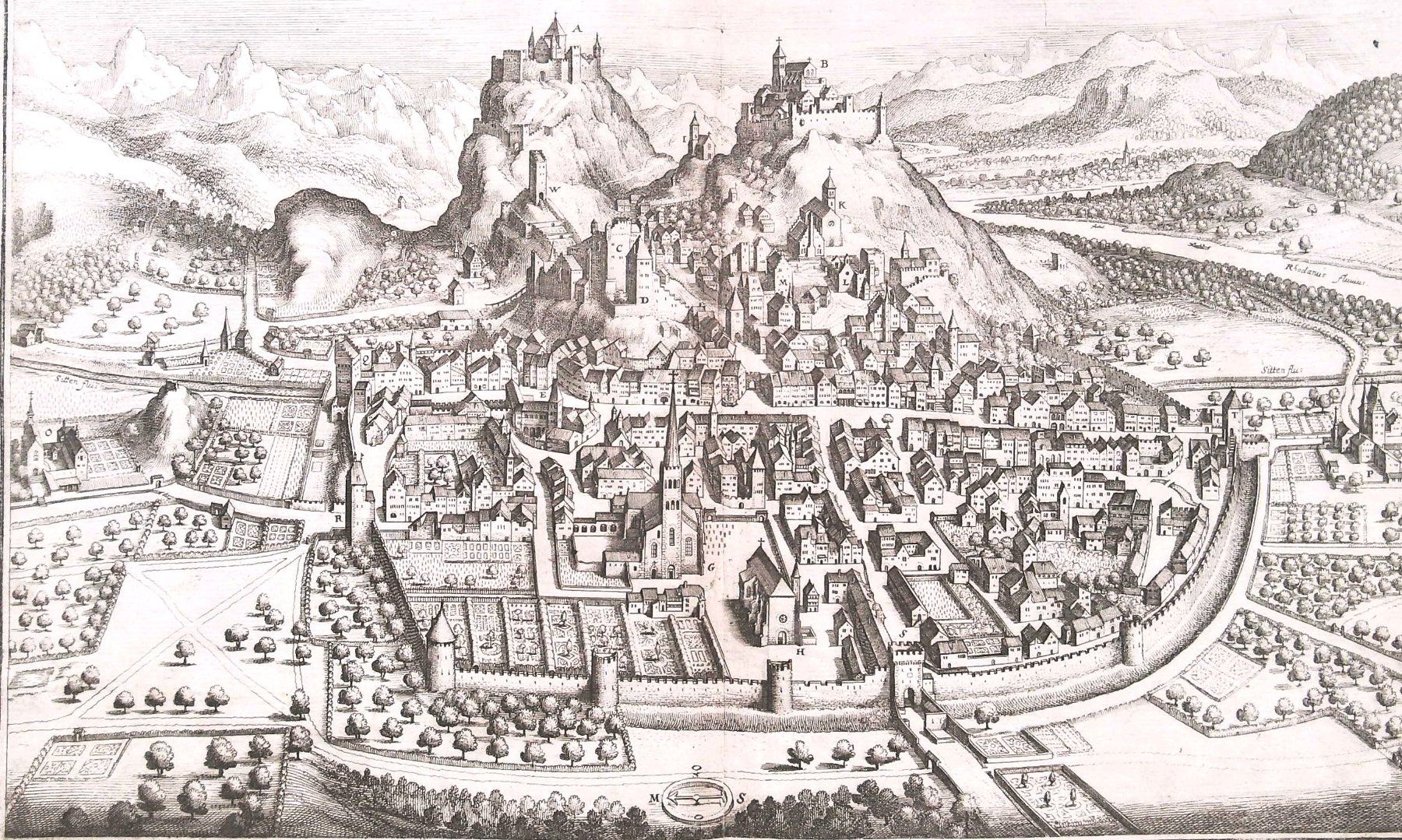 Stiche: Sion Sitten Kupferstich von Merian – Gebraucht aus Rafz von Helvet32 1