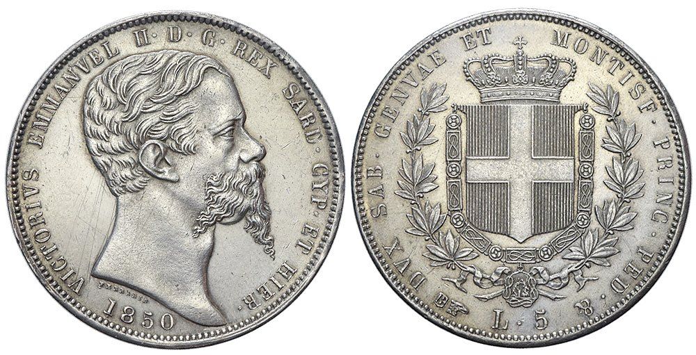 Tutti le monete: Italien, 5 Lire 1850, Torino – Usato da Chiasso venduto da Novamarketing