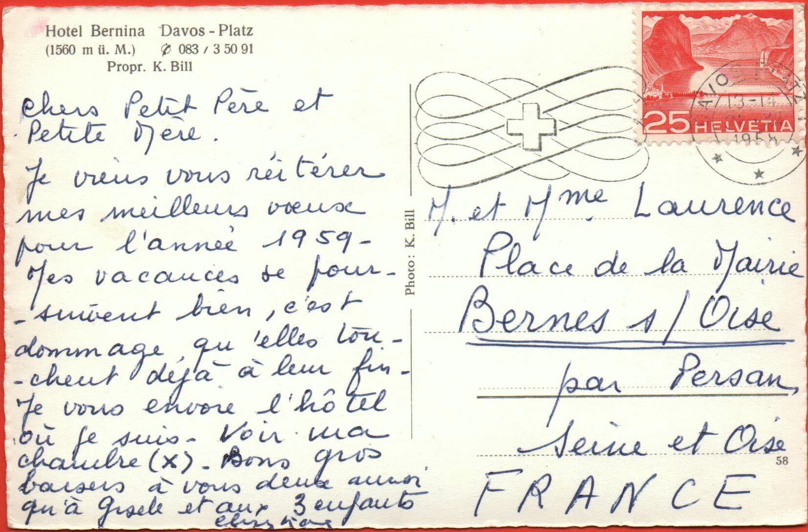 Cartoline postali: DAVOS Hotel Bernina propr. K. Bill – Usato da Jona venduto da philajona 1