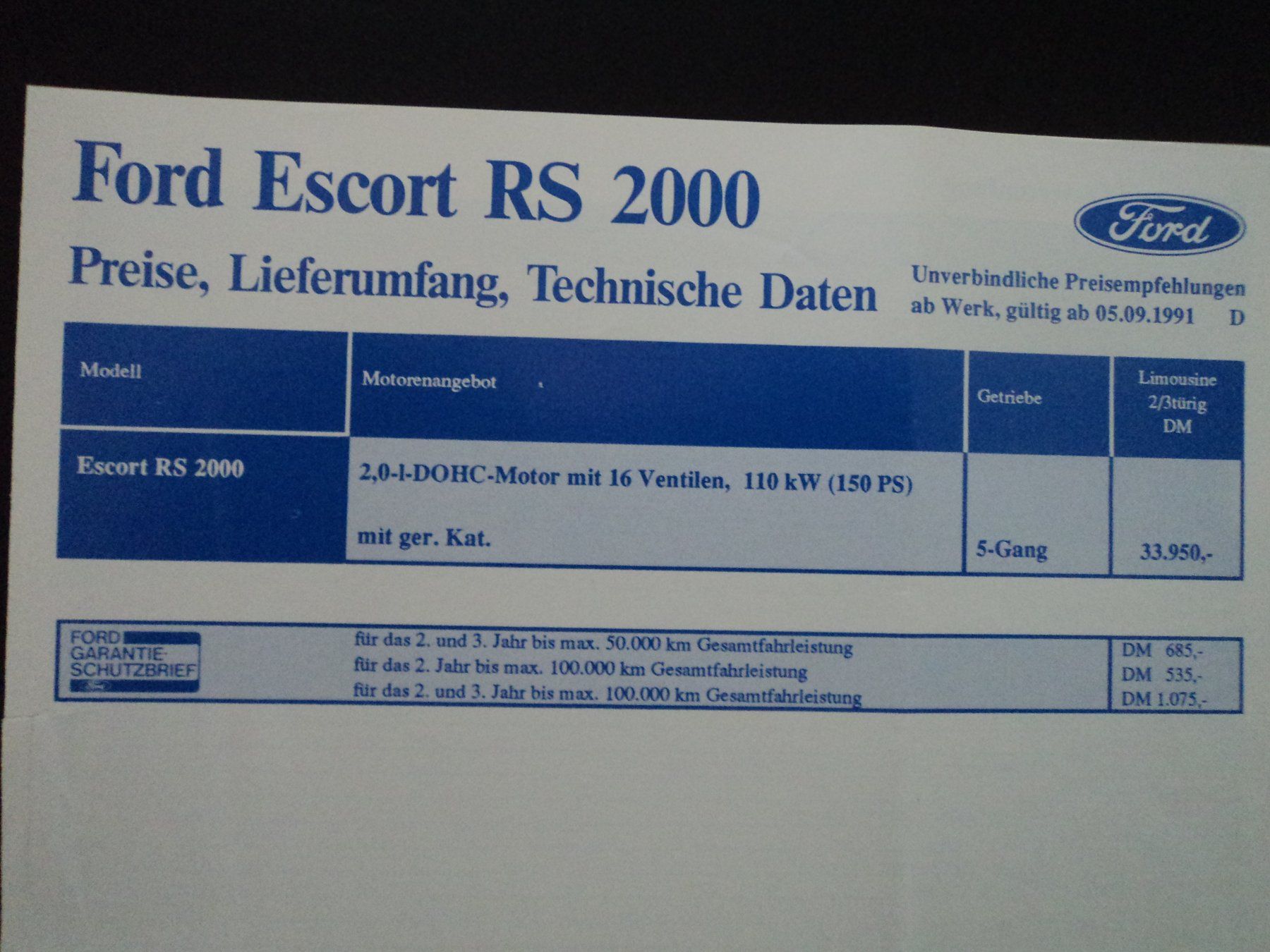 Ford Documenti: Prospekt Preise Technische Daten Ford Escort RS 2000 1991 – Usato da Schwarzenburg venduto da modelCARama