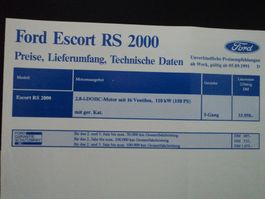 Prospekt Preise Technische Daten Ford Escort RS 2000 1991
