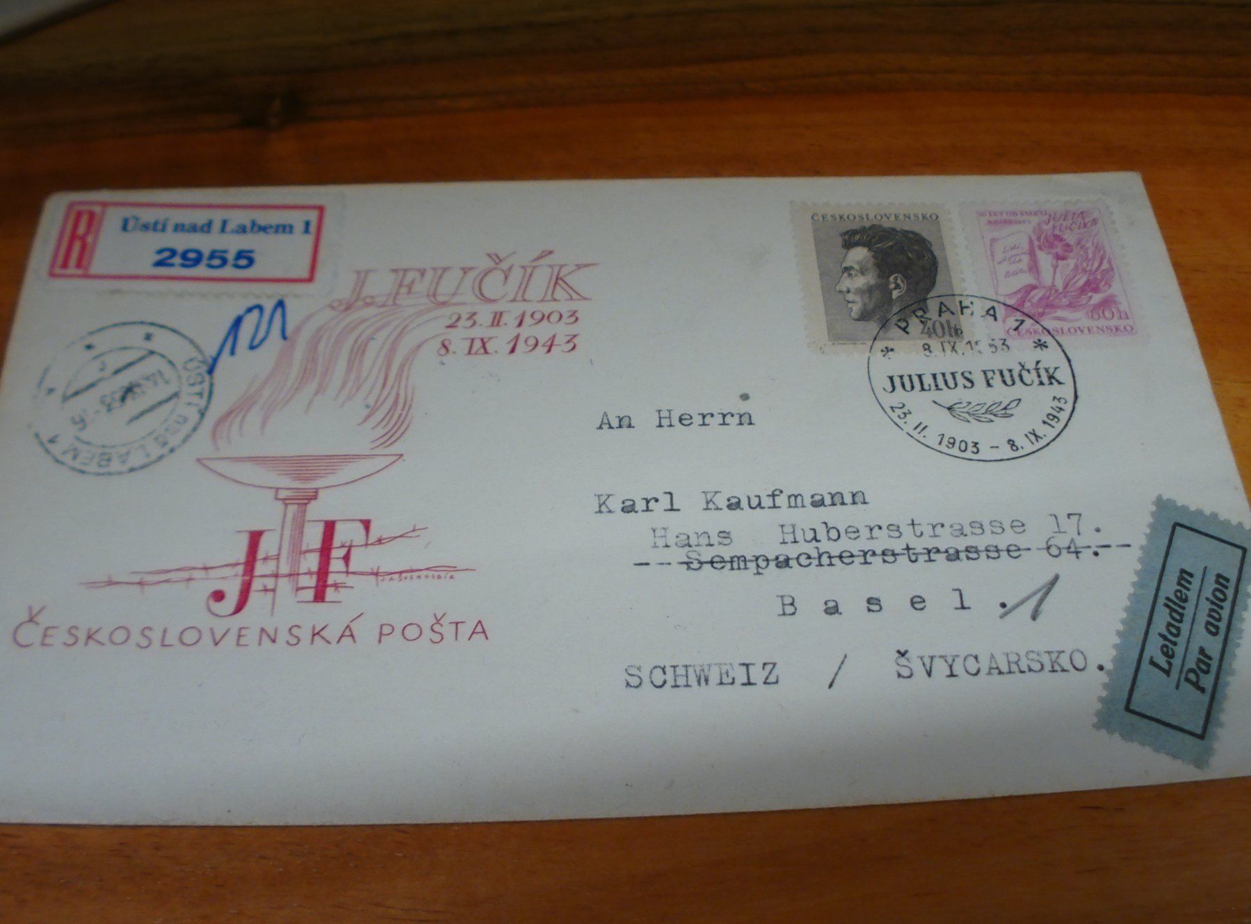 Alle Briefmarken: Tschechoslowakei, FDC 1943, Julius Fucik, gelaufen – Gebraucht aus Niederwil AG von morostahu