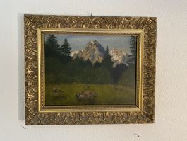Ölgemälde Berglandschaft mit Kühen Goldrahmen antik