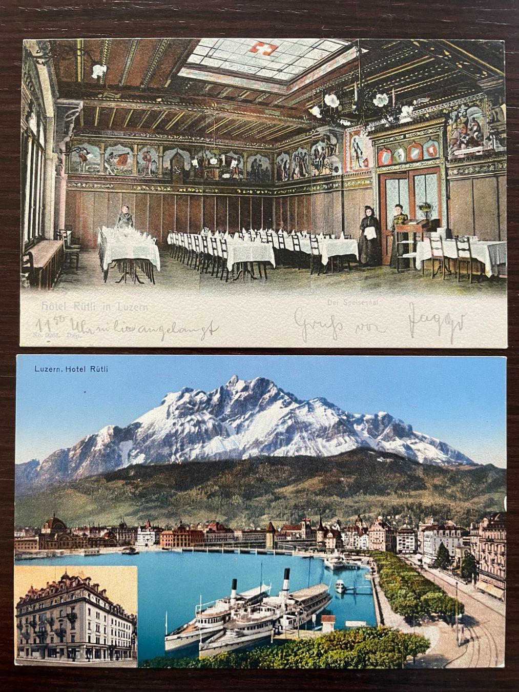 Cartoline postali: LUZERN Hotel Rütli, der Speisesaal, 2 Ansichtskarten – Usato da Wald ZH venduto da TLILEF